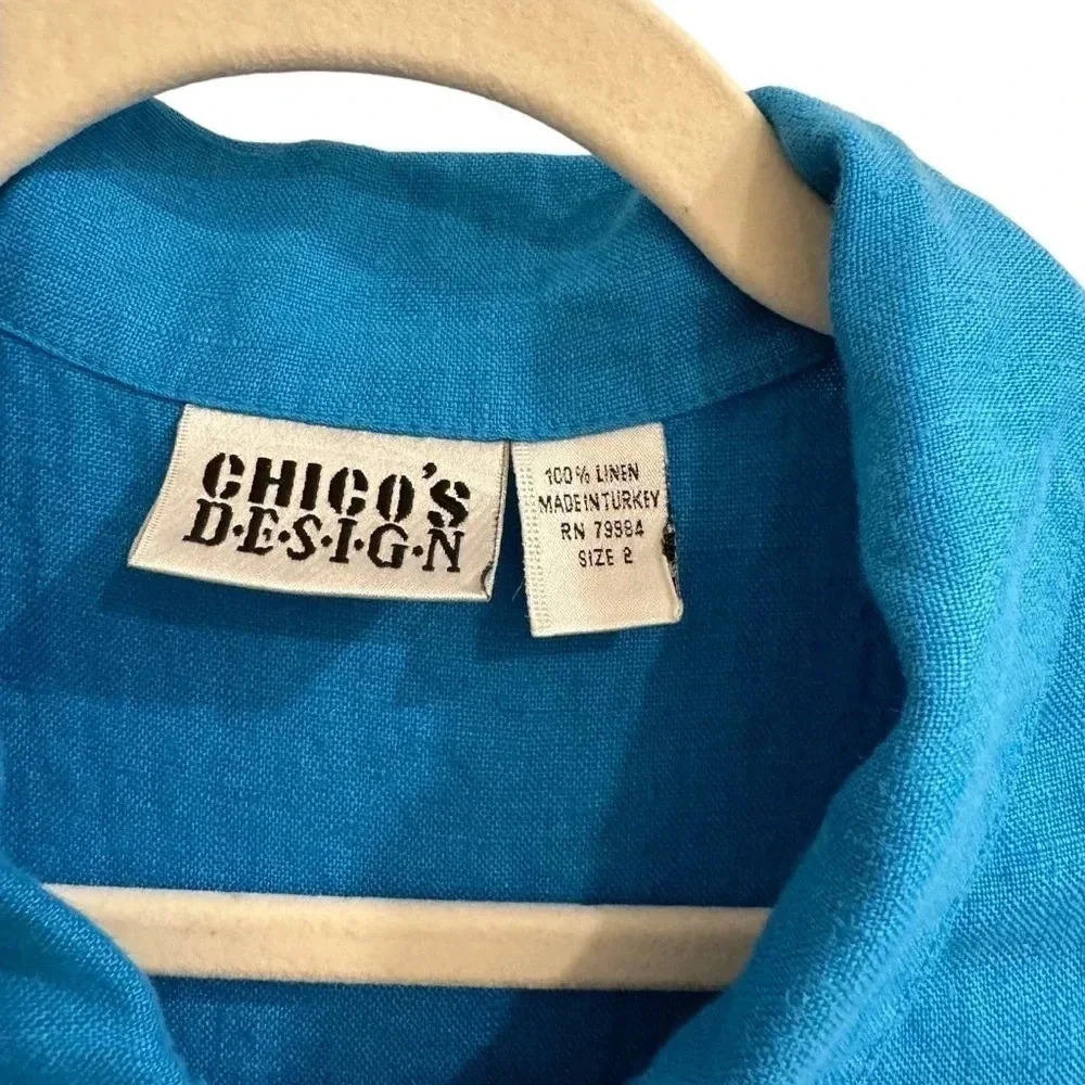 VINTAGE Chico’s 100% Linen Button Up Dress Size M‎ (2) Blue Coastal Beach Casual - Picture 2 of 10